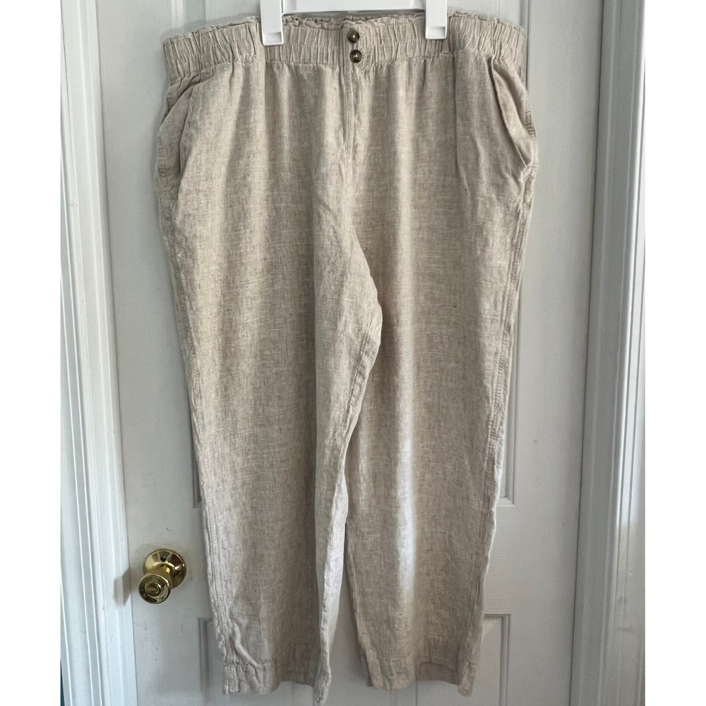 Womens XXL Linen Blend Pull On Pants Oatmeal Beige Elastic Waist Relaxed